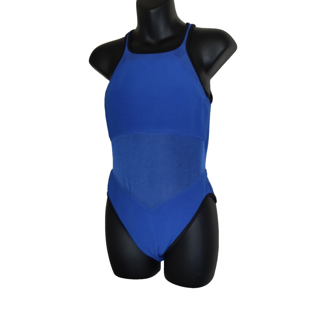 Vintage Y2K Jag Royal Blue Swimsuit Sz 10 Tank Style One Piece Sheer Mesh USA
